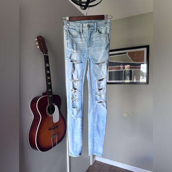American Eagle Distressed Skinny Jeans SZ 000 S Light Blue Denim - Picture 1 of 9